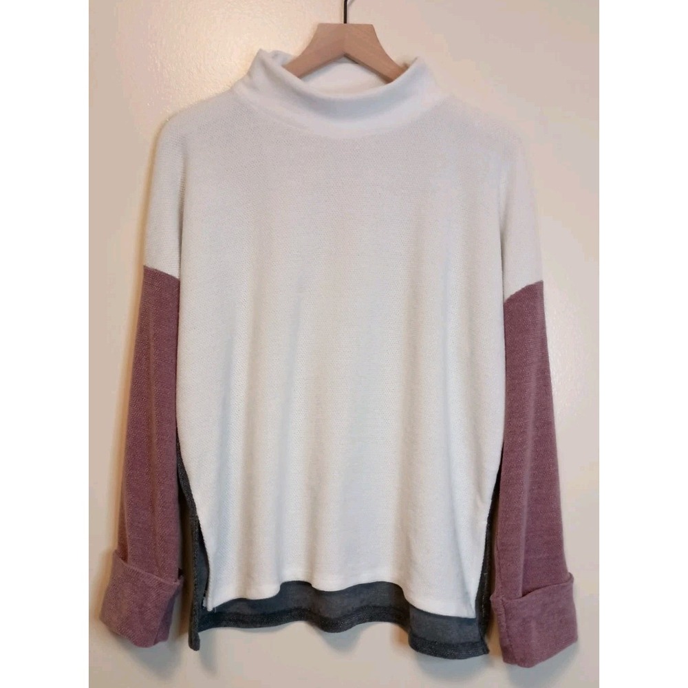Pink Lily Sweater Women's Medium Colorblock Mock Neck Slouchy Mauve Gray Ivory